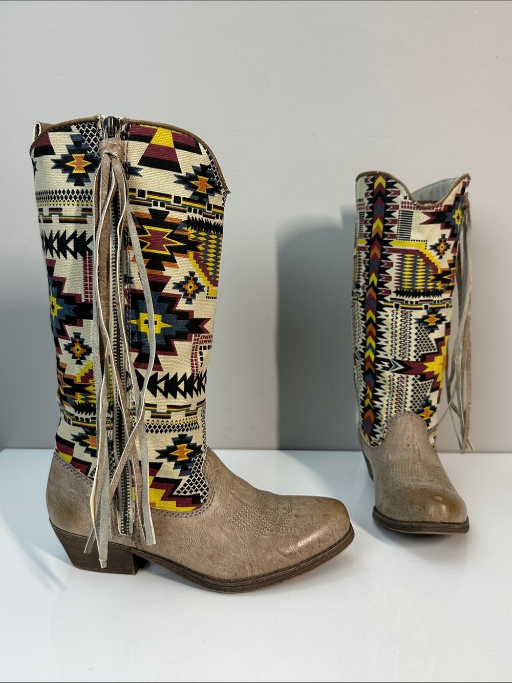 Big Buddha Aztec Cowboy Southwest Boots With Fringe Detail Size 6.5